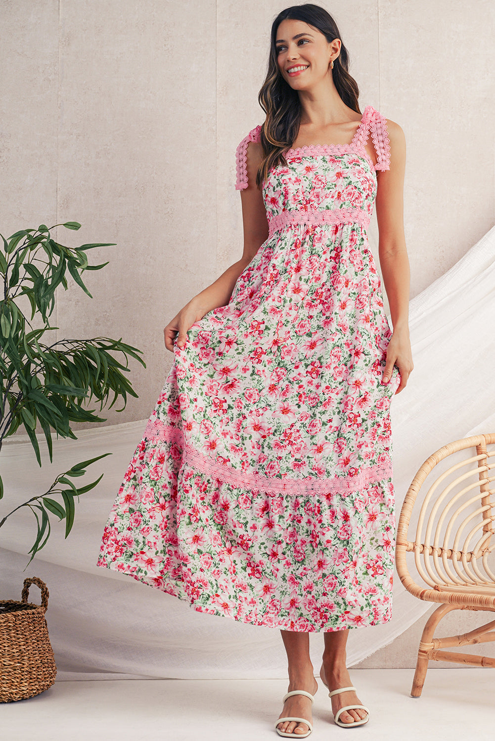 Pink Floral Lace Tied Strap Empire Waist Maxi Dress