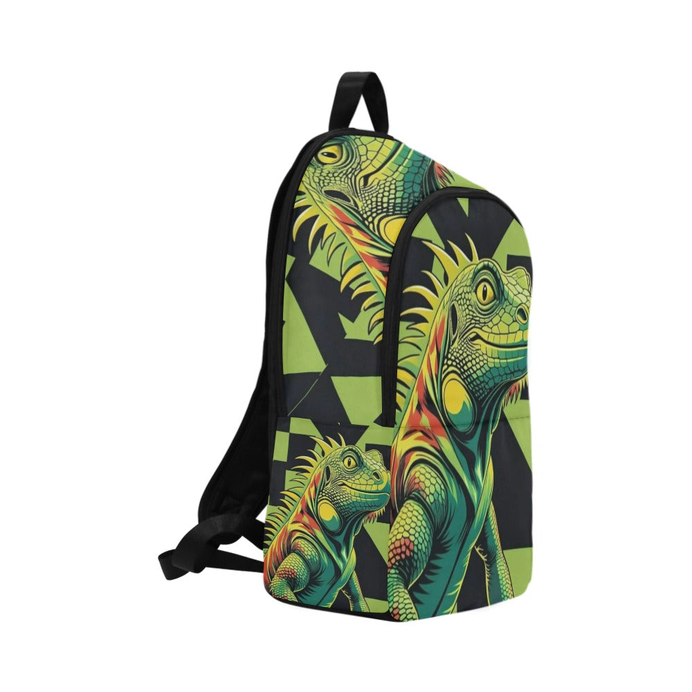 Black and neon green checkerboard background with a cartoon iguana Fabric Backpack for Adult (Model 1659)