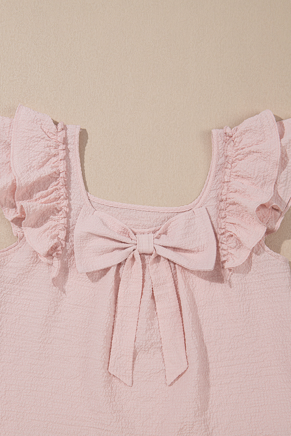 Beige Textured Bow Frilled Ruffle Sleeve Blouse