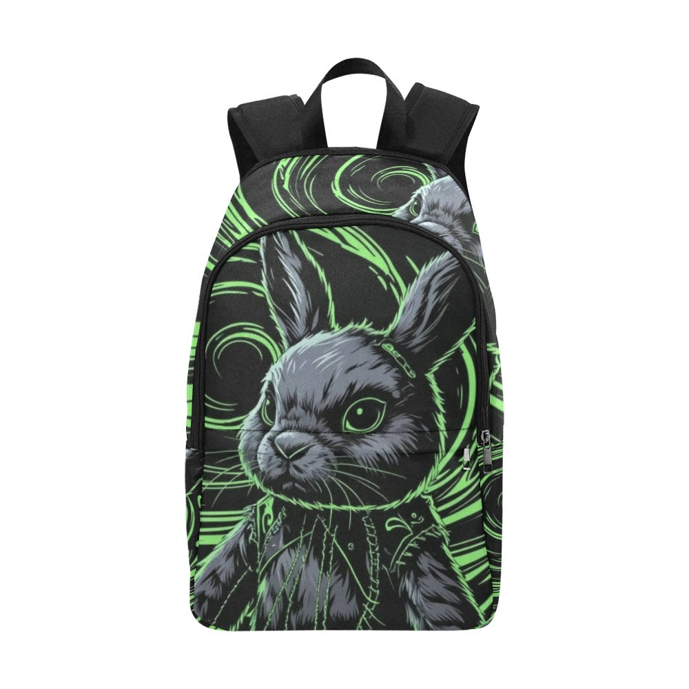 black and neon green hypnotic background with a gothic emo stuffed bunny Fabric Backpack for Adult