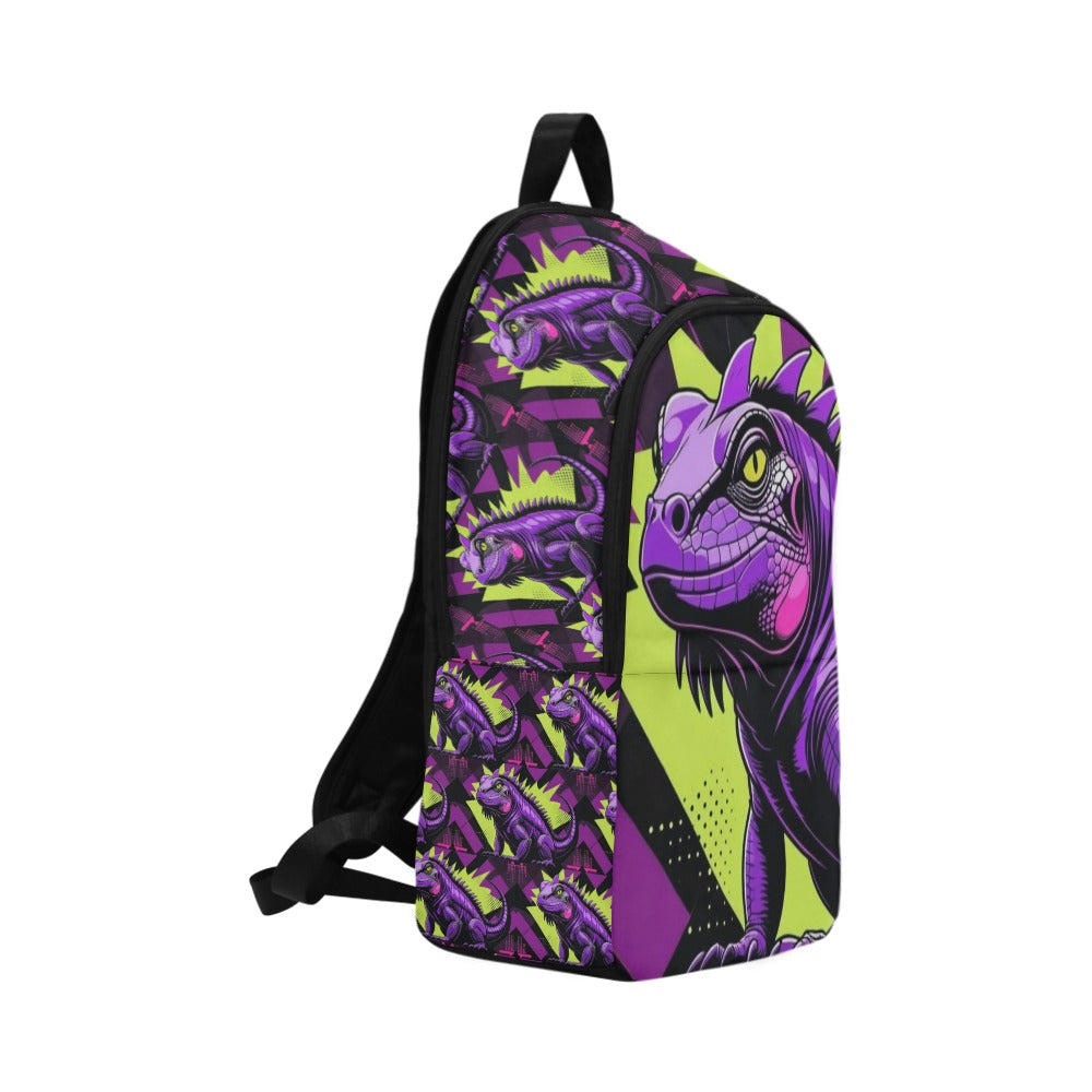 Black and neon green checkerboard background with a cartoon purple and black  iguana (2) Fabric Backpack for Adult (Model 1659)